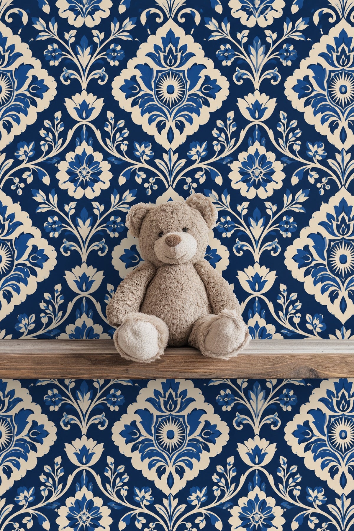 Blue and cream color interplay highlighting the ornate damask pattern design.
