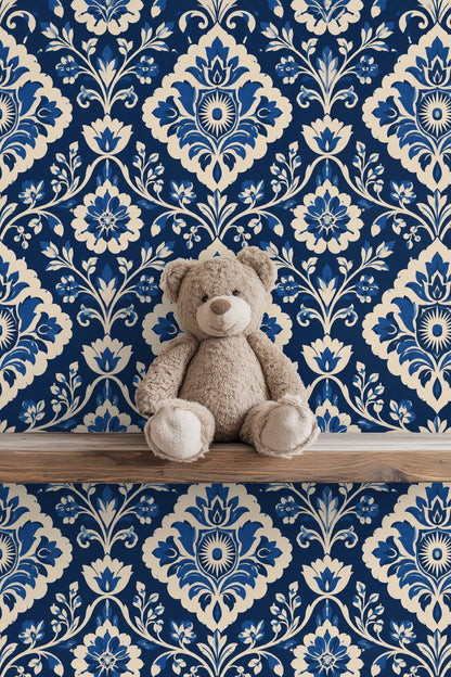 Blue and cream color interplay highlighting the ornate damask pattern design.