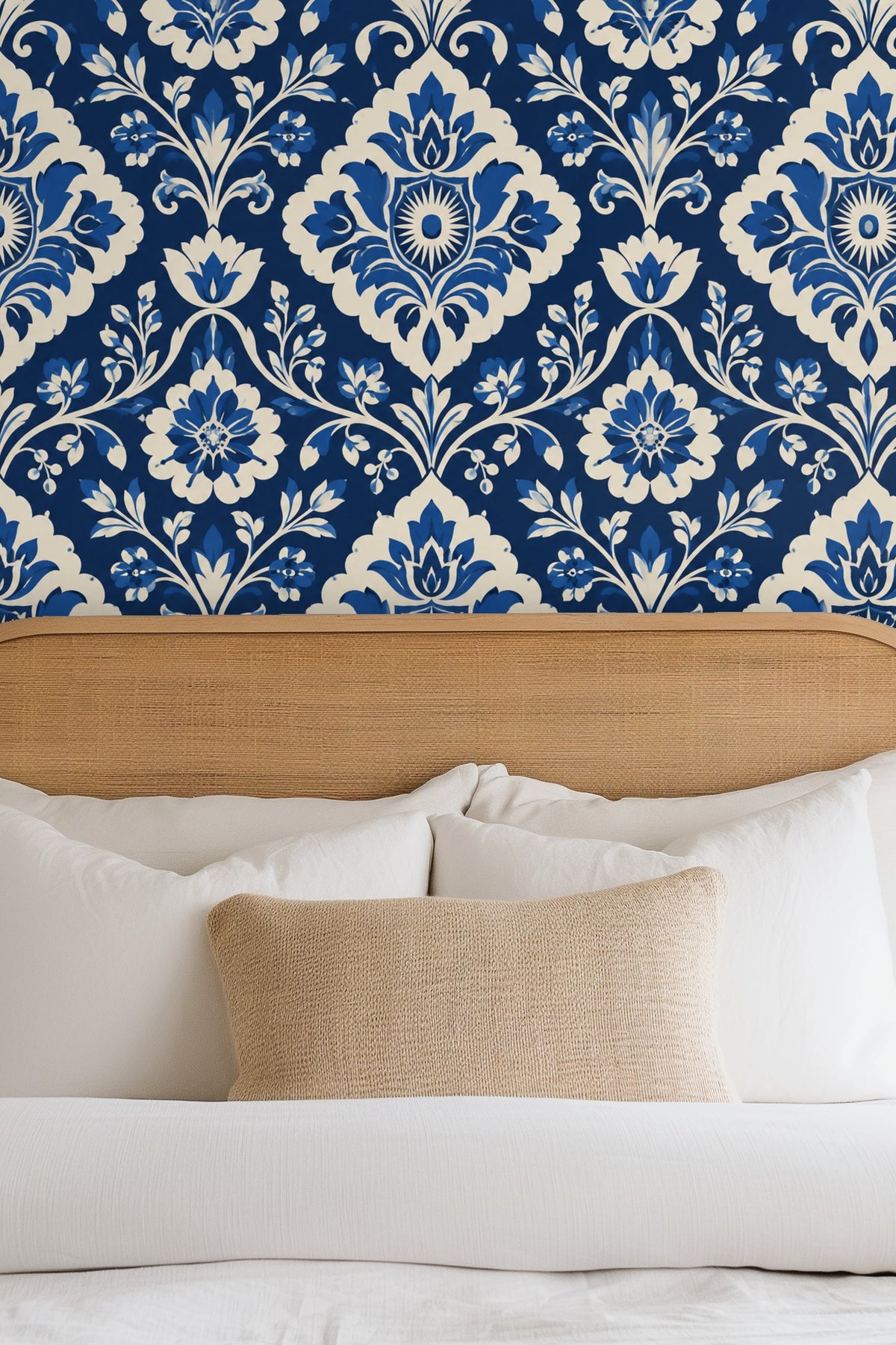 Section of wallpaper showing deep cobalt background and creamy floral contrasts.