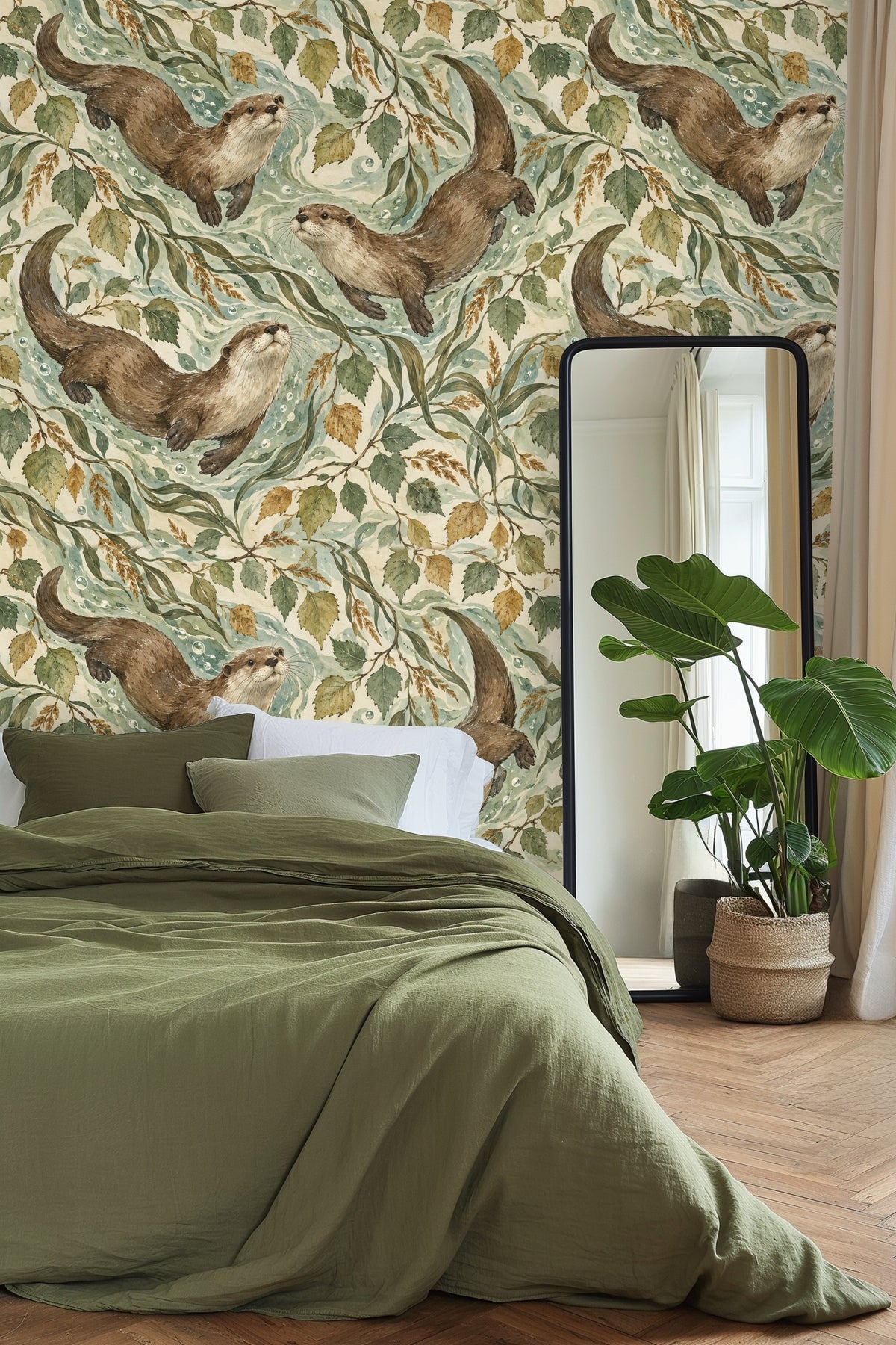 Living room wall with wallpaper depicting playful otters swimming through leaf-laden currents in muted greens and browns.