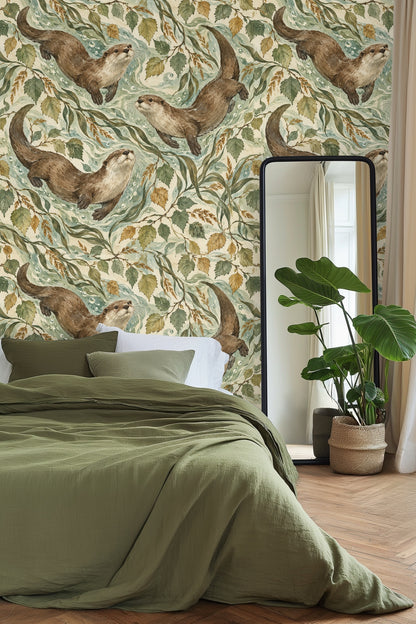 Living room wall with wallpaper depicting playful otters swimming through leaf-laden currents in muted greens and browns.