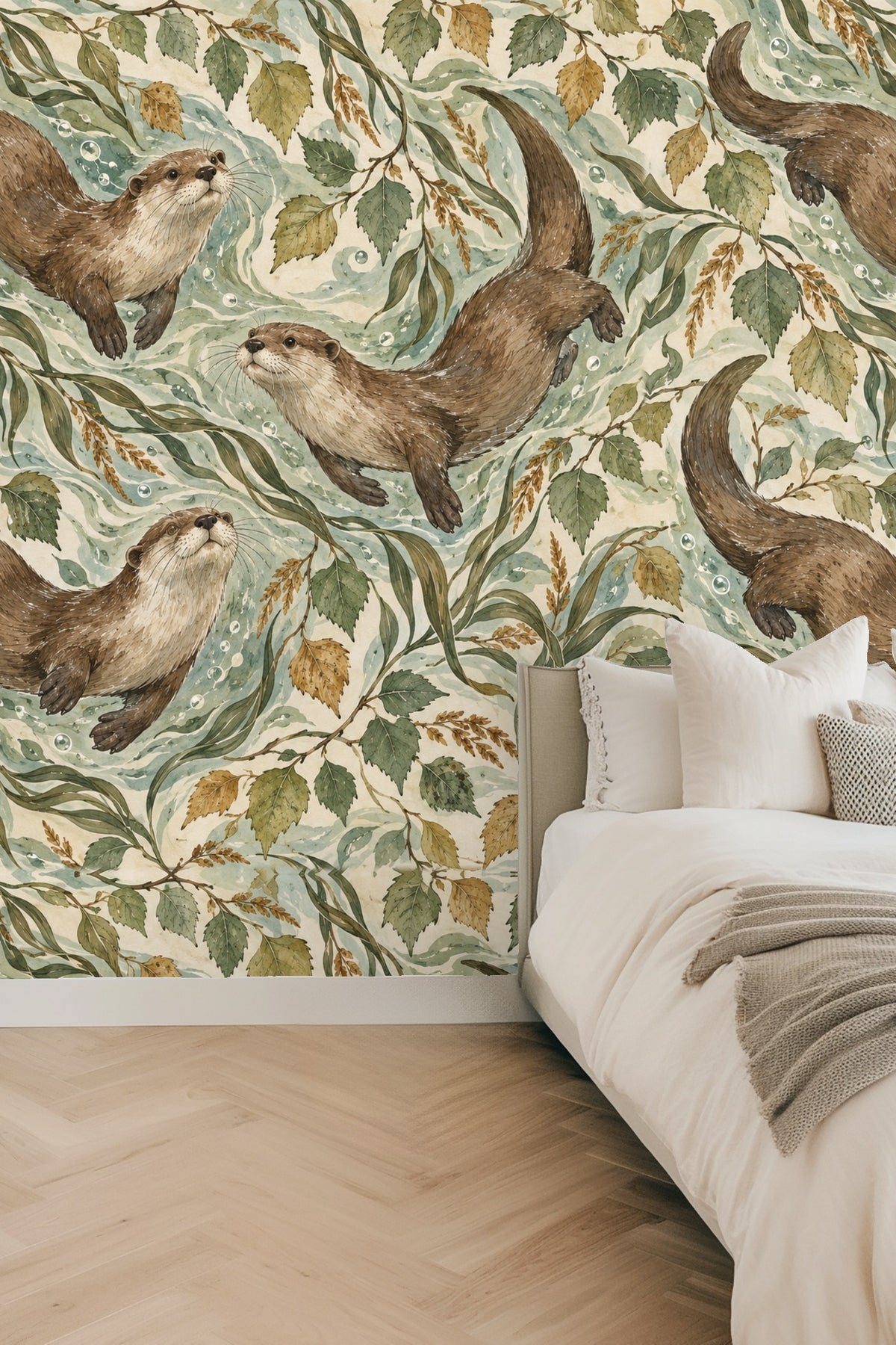 Illustration of otters swimming amidst swirling blue-green water and brown-green birch leaves.