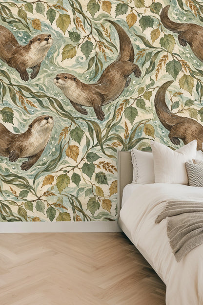 Illustration of otters swimming amidst swirling blue-green water and brown-green birch leaves.