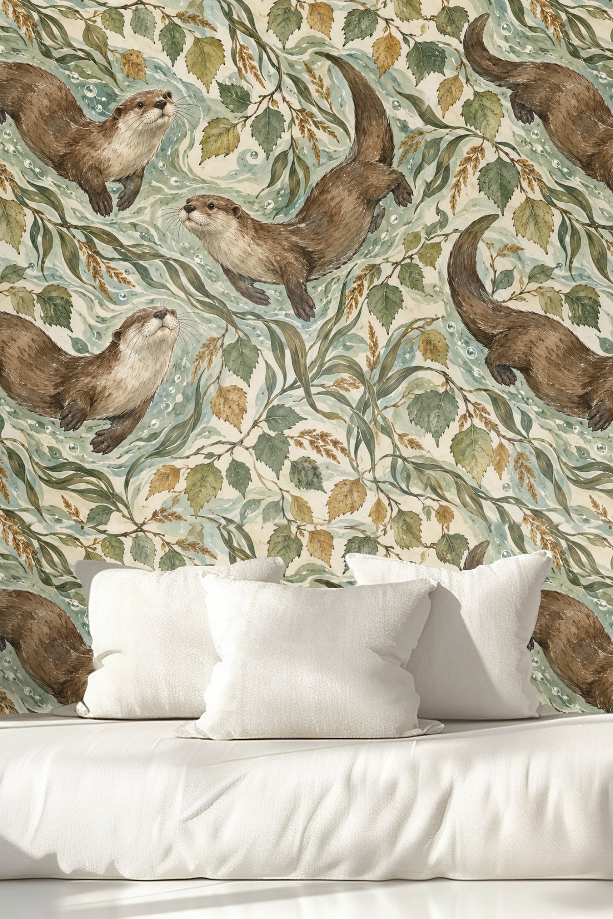 Wallpaper showing repeating pattern of otters swimming in a leafy river environment with bubbles and flowing water.