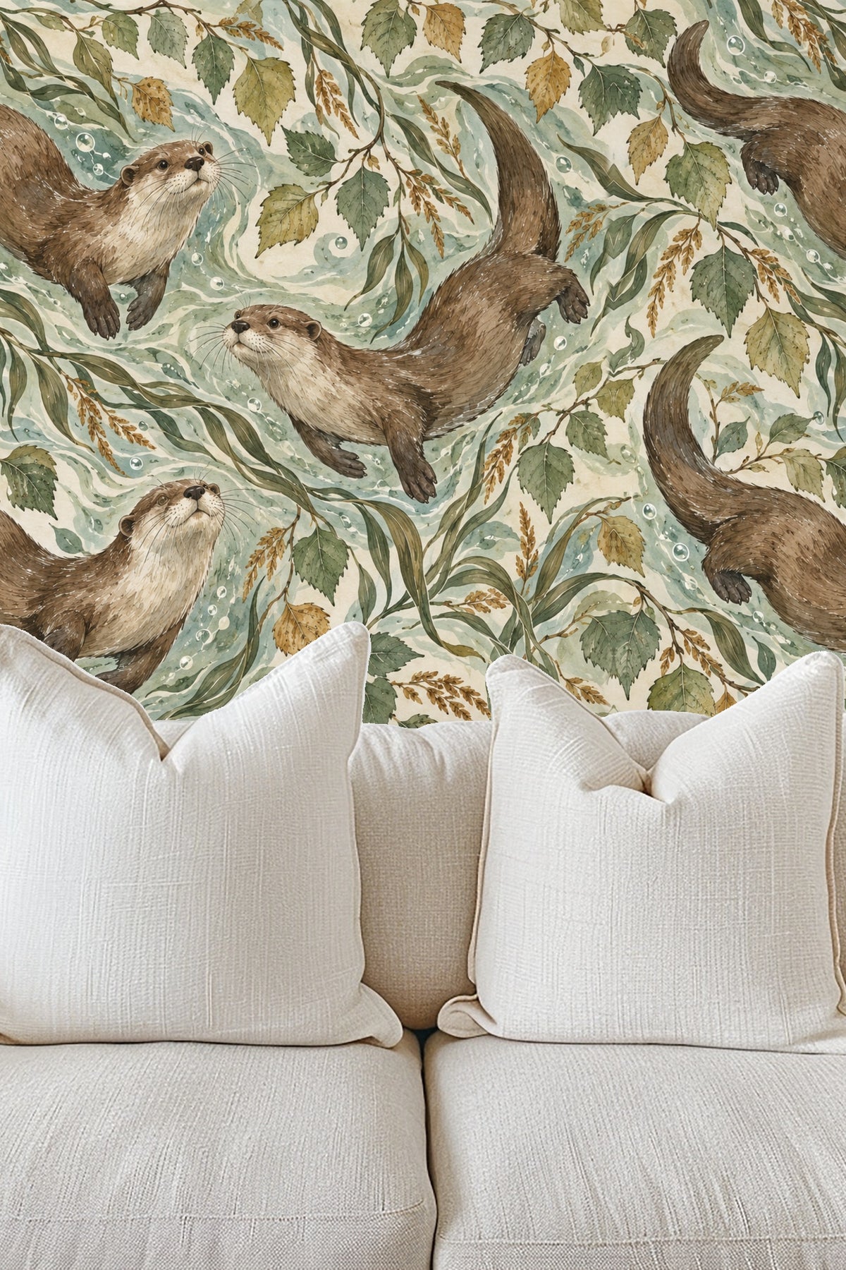 Close-up detail of otters rendered with painterly lines and textured fur floating in water surrounded by twisting leaves.
