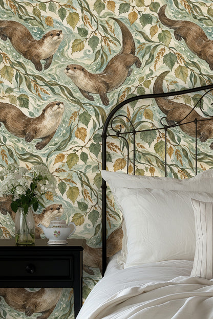 Soft herringbone wood floor beneath wall covered in wallpaper depicting swimming otters and birch branches.