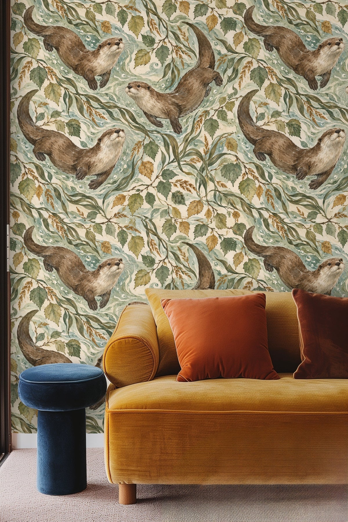 Bedroom with a feature wall covered in wallpaper showing otters and birch leaves in soft seafoam tones.