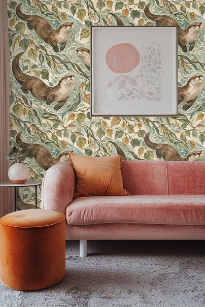 Pattern repeat in wallpaper emphasizing the rhythm of otter movement and aquatic foliage.