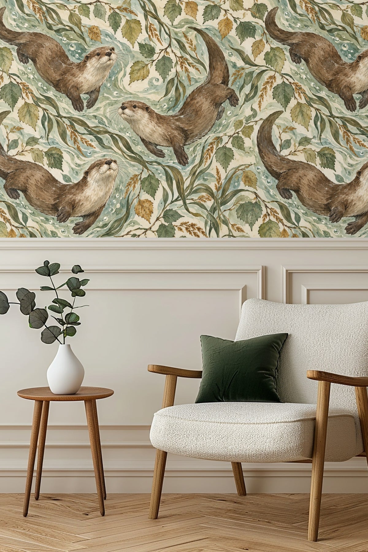 Three otters swimming diagonally among green and gold leaves on a wallpaper panel.