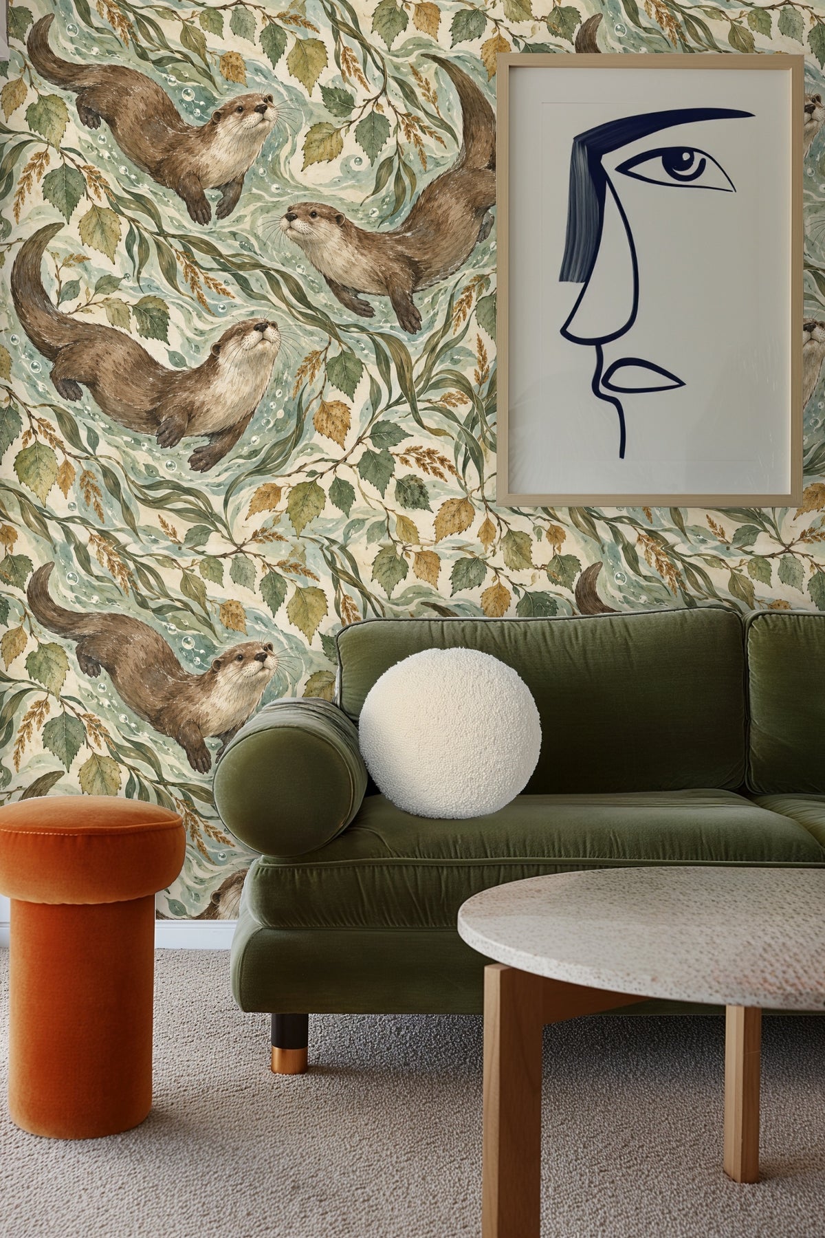 Detailed rendering of otter faces with delicate whiskers and soft fur texture on wallpaper.