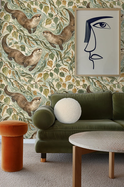 Detailed rendering of otter faces with delicate whiskers and soft fur texture on wallpaper.