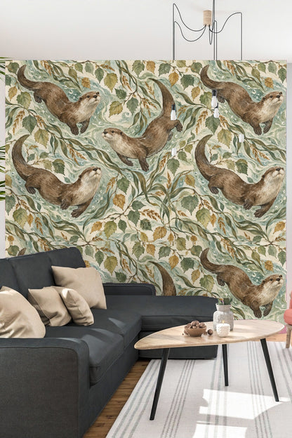 Close-up of wallpaper showing interaction between otters and swirling water with bubble accents.