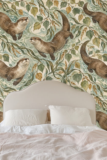 Naturalistic wallpaper design highlighting aquatic otters amidst a swirling left-to-right leaf and water motif.