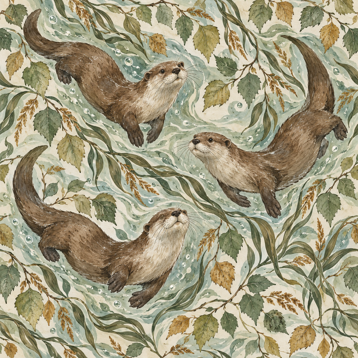Gentle natural light falling on wallpaper illustrating otters in a tranquil, wooded stream environment.