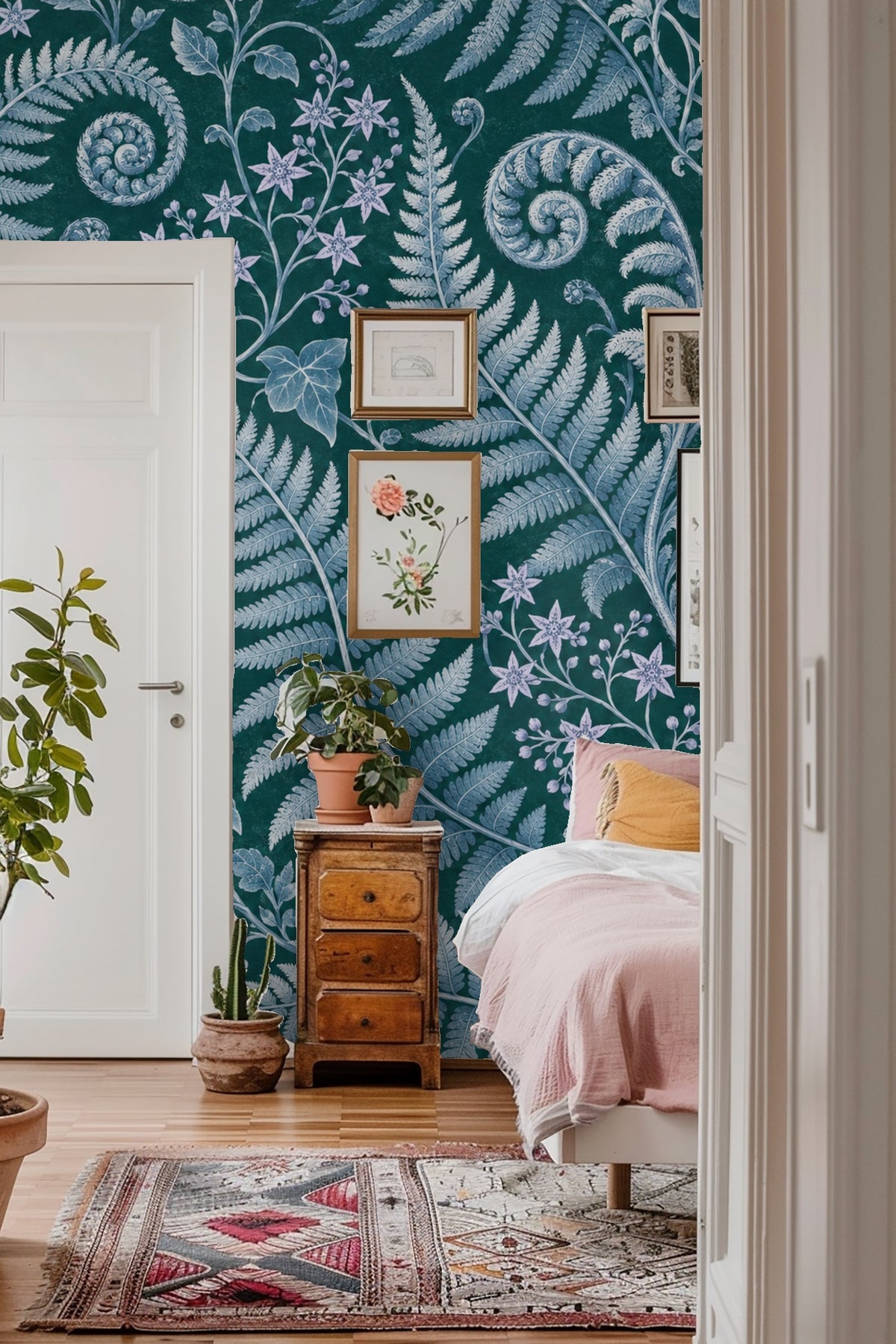 Detailed close-up of large fern frond spirals in soft blue tones on dark green wallpaper