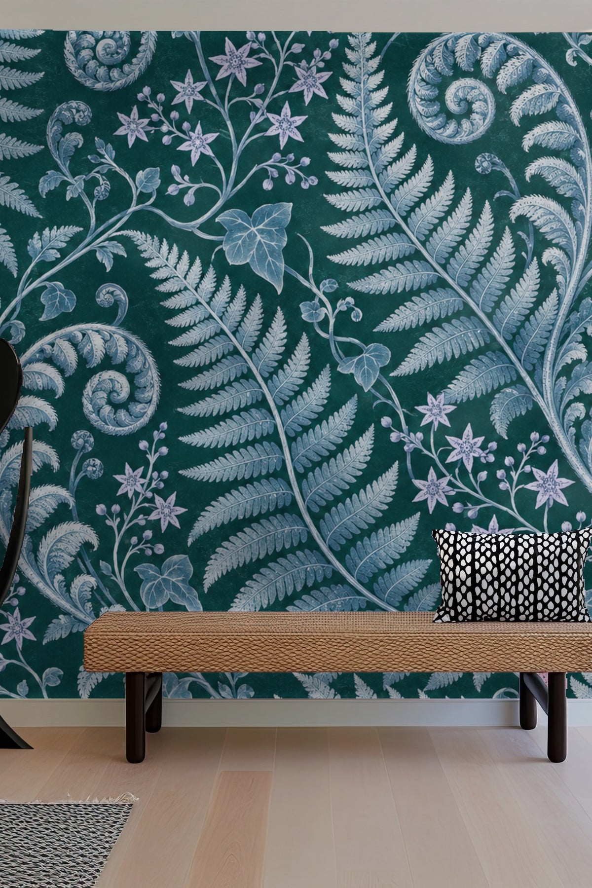 Cluster of small violet star flowers with tendrils and leaves on botanical wallpaper