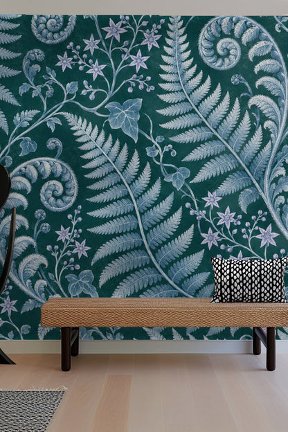 Cluster of small violet star flowers with tendrils and leaves on botanical wallpaper