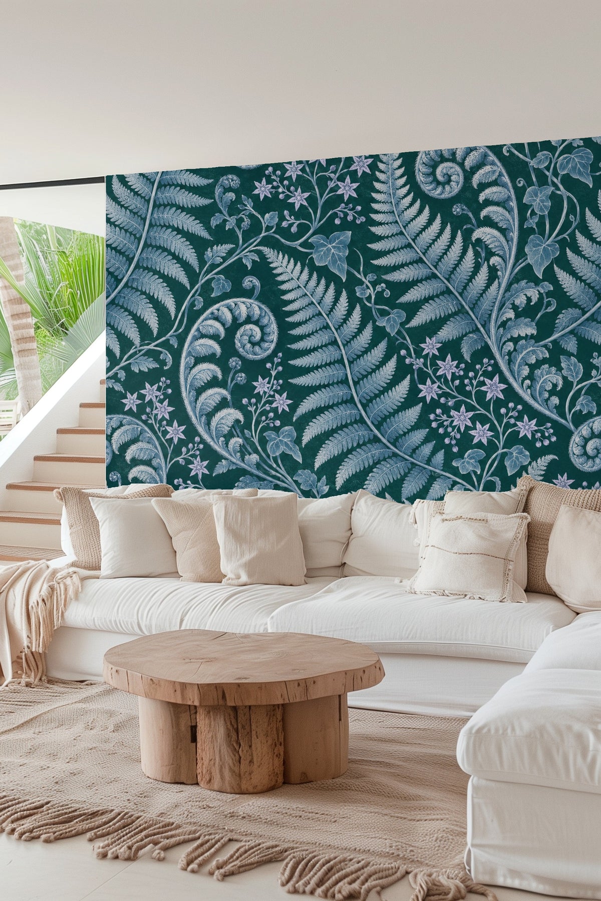 Wall detail emphasizing fine brushstrokes in fern leaf texture on patterned wallpaper