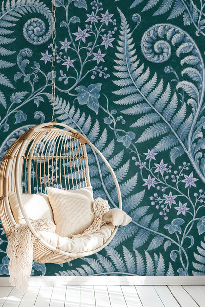 Bedroom wall featuring Fern Spiral Constellation wallpaper with bed dressed in neutral linens and round wooden mirror above headboard