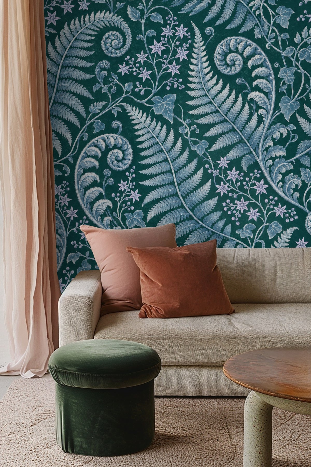Wallpaper pattern detail showing spiraling fern fronds and star-shaped flowers on green background