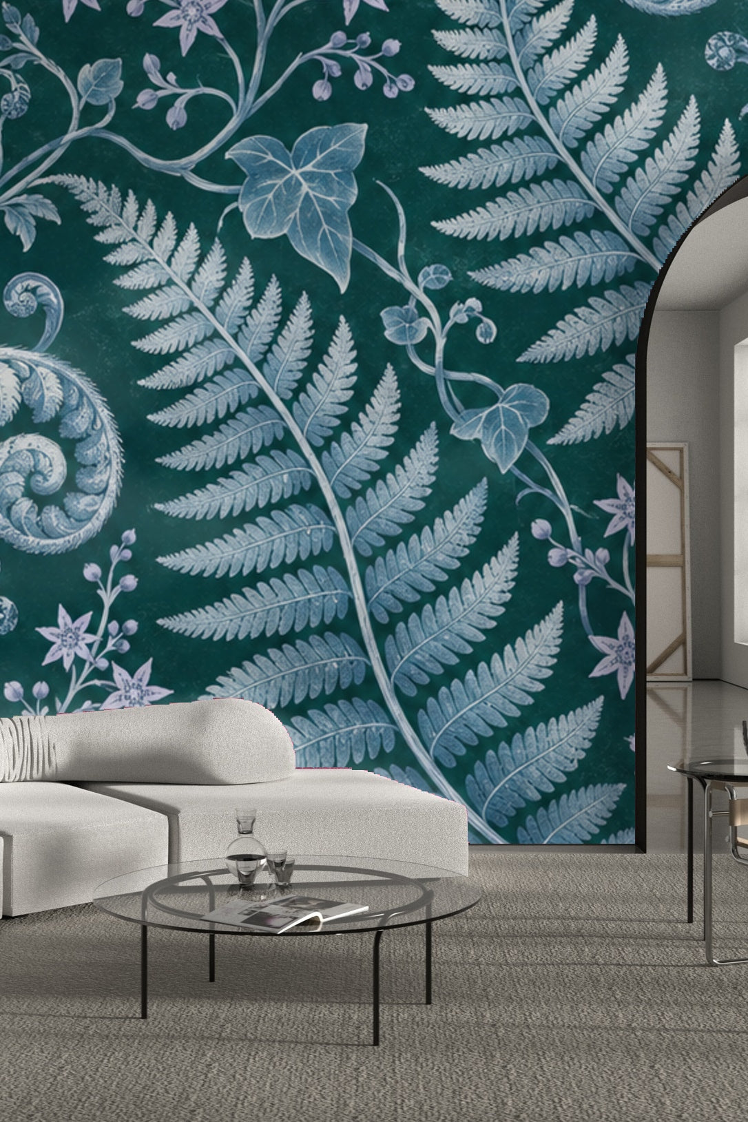 Living room scene highlighting wallpaper pattern complementing velvet green ottoman and wooden coffee table