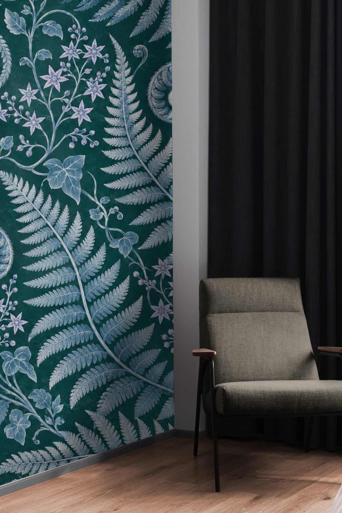 Section of wallpaper with delicate ivy leaves and curling fern scrolls in blue hues