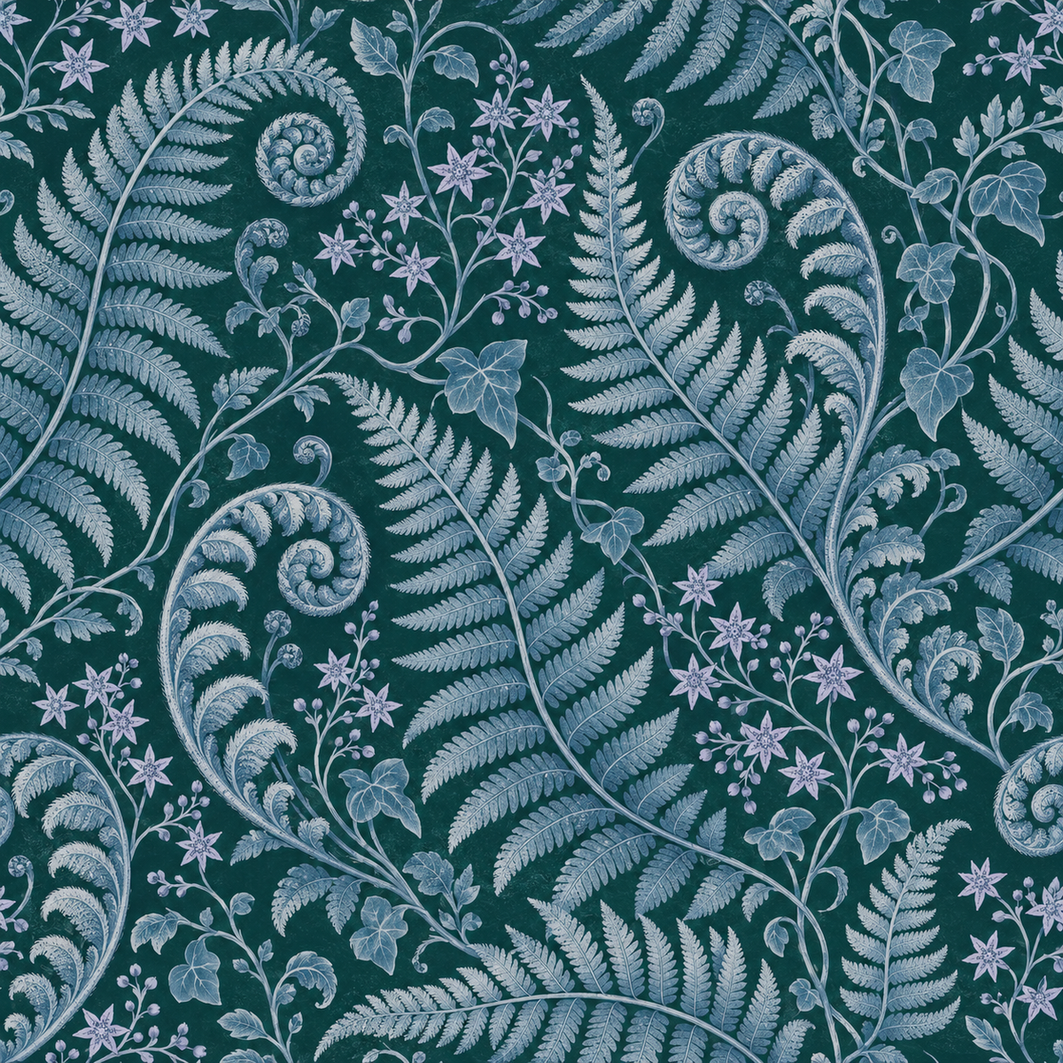 Decorative botanical wallpaper with vintage fern and floral motif in cool palette