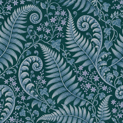 Decorative botanical wallpaper with vintage fern and floral motif in cool palette