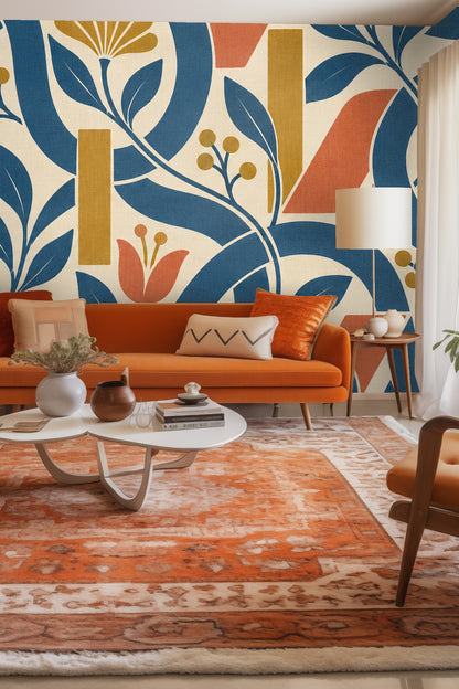 Close-up detail of floral and leaf motifs entwined with geometric loops and bars in blue and warm earth tones.