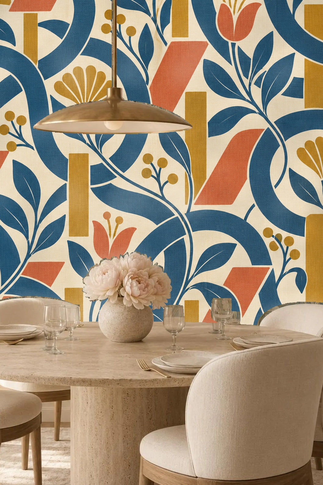 Deep blue curved loop details combining with floral elements and bold geometric blocks in ochre and terracotta.