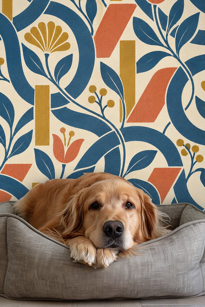 Abstract 1940s-inspired botanical pattern with deep blue looping ribbons intertwined with orange and yellow geometric shapes.