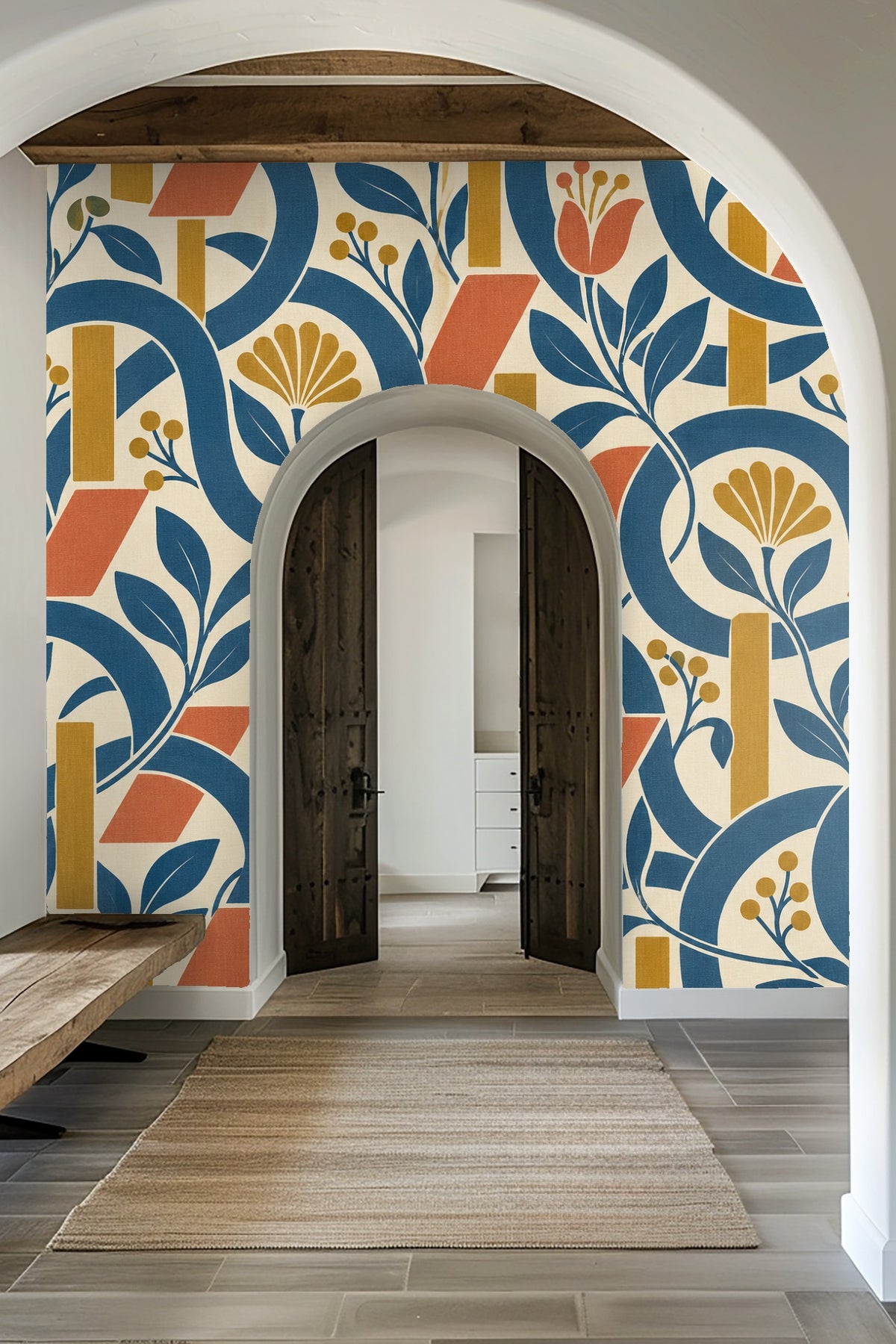 Wallpaper sample showing denim blue loops, mustard yellow bars, and terracotta floral shapes on ivory background.