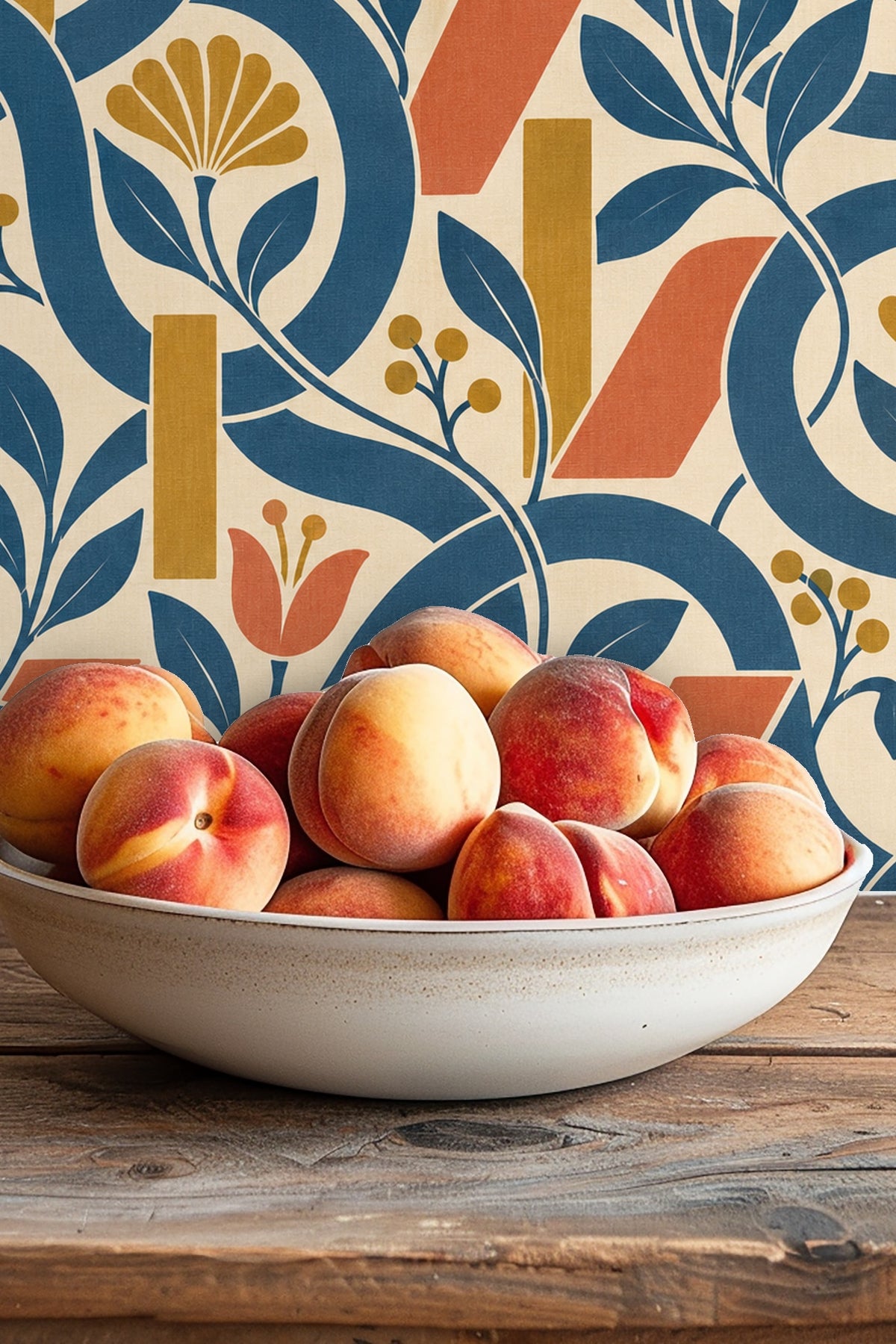 Artistically balanced combination of curved and straight lines with stylized flowers and berries in a harmonious mid-century color palette.