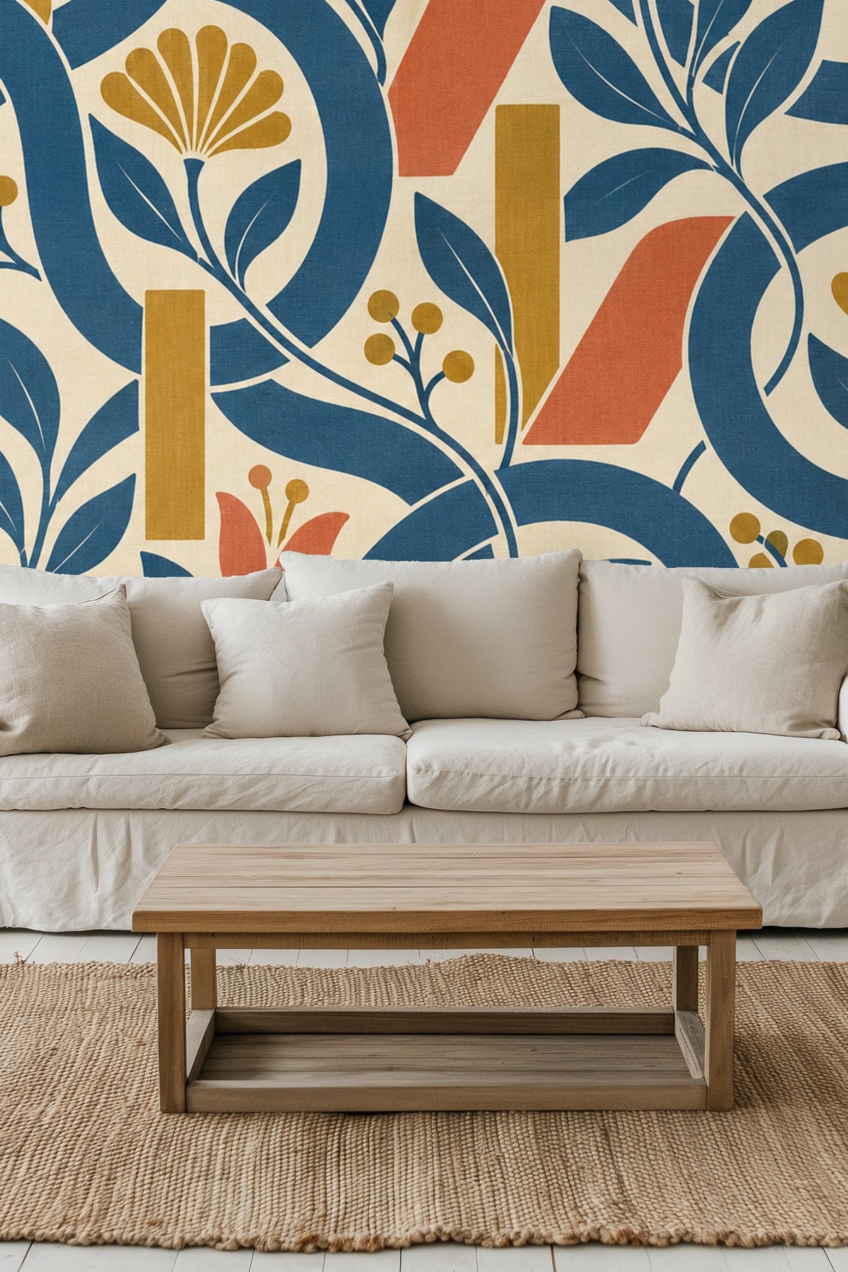 Large scale geometric floral wallpaper installed in a bright entry hall with wooden beams and arched doorways.