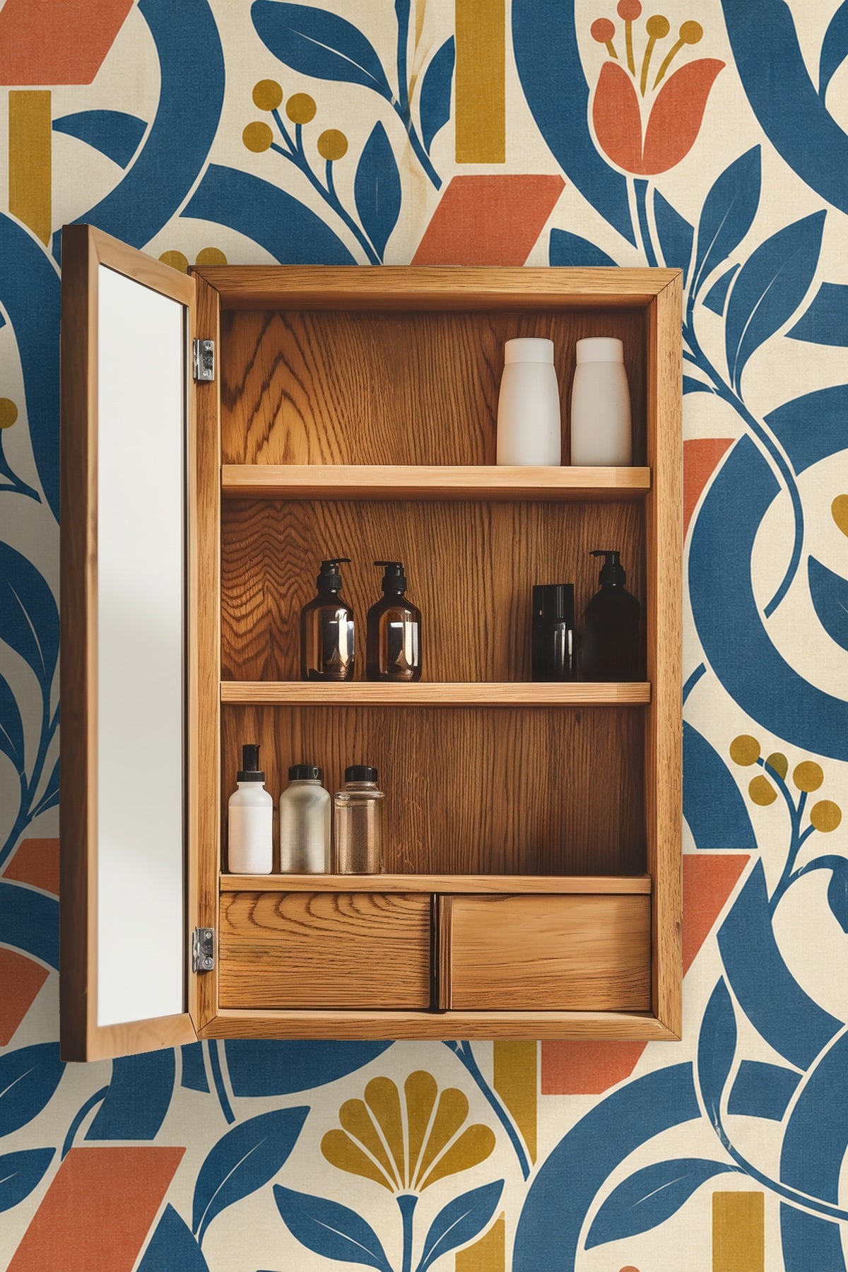 Laundry room interior featuring Denim Loop Tango wallpaper behind washer and dryer, highlighting bold blue loops and warm ochre and terracot