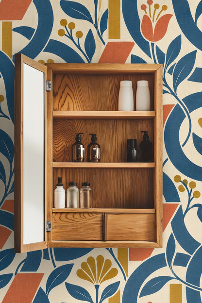 Laundry room interior featuring Denim Loop Tango wallpaper behind washer and dryer, highlighting bold blue loops and warm ochre and terracot