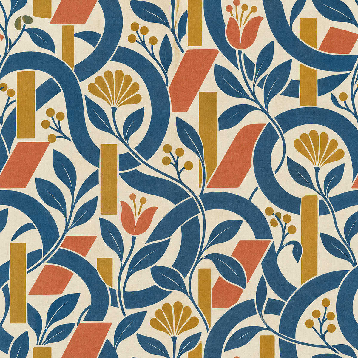 Graphic wallpaper mural capturing a mid-century modern vibe with botanical and geometric forms intertwined on an ivory field.