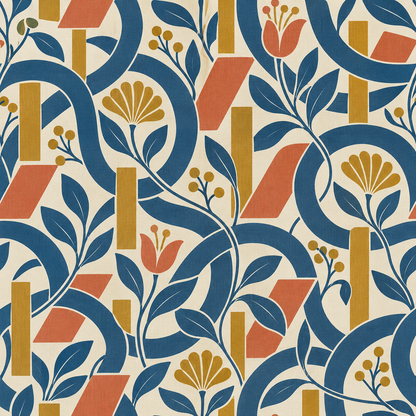 Graphic wallpaper mural capturing a mid-century modern vibe with botanical and geometric forms intertwined on an ivory field.