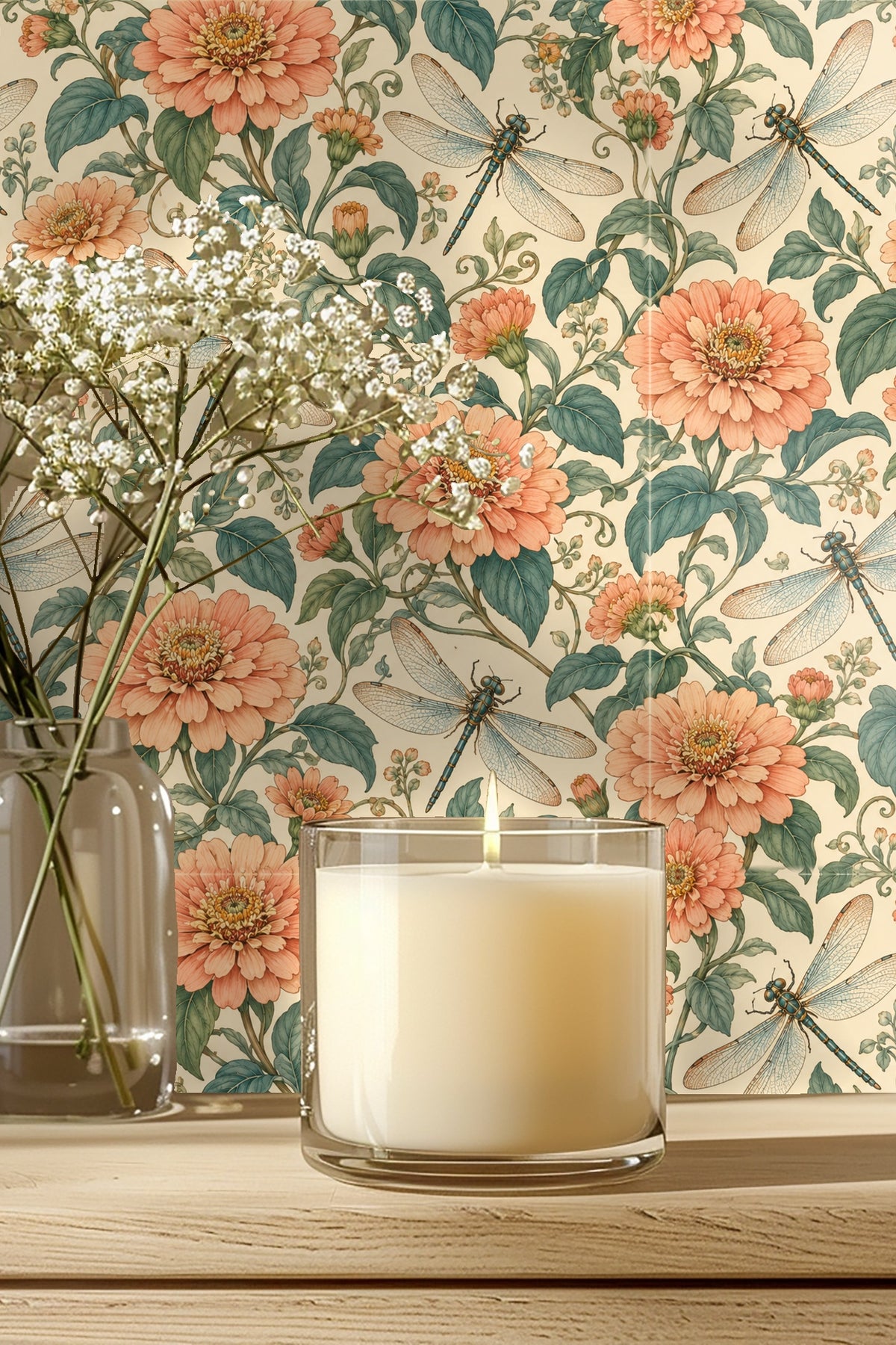 Detailed wallpaper pattern of peach zinnia flowers and dragonflies on cream background
