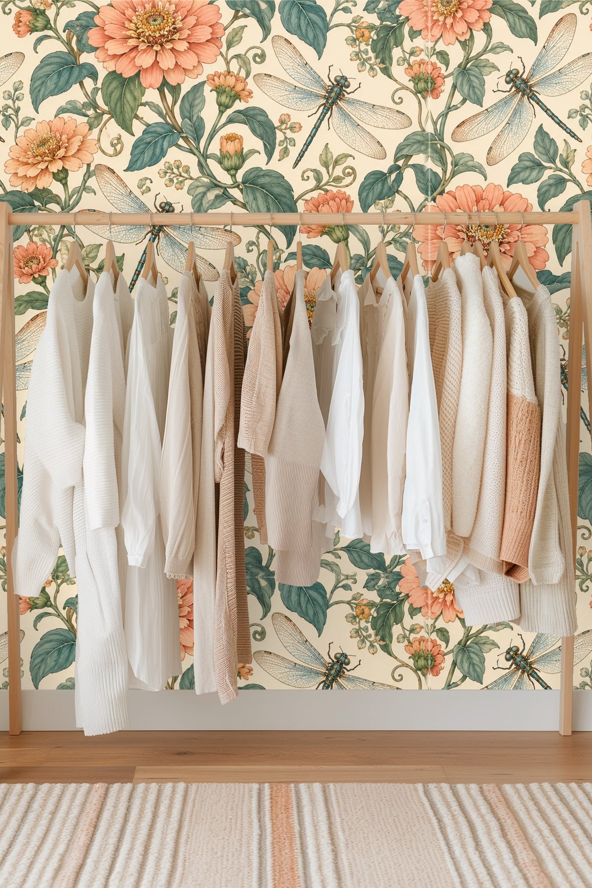 Peach Zinnia Dragonflies wallpaper shown in an interior setting