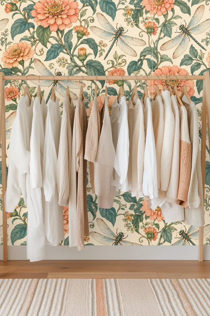 Peach Zinnia Dragonflies wallpaper shown in an interior setting