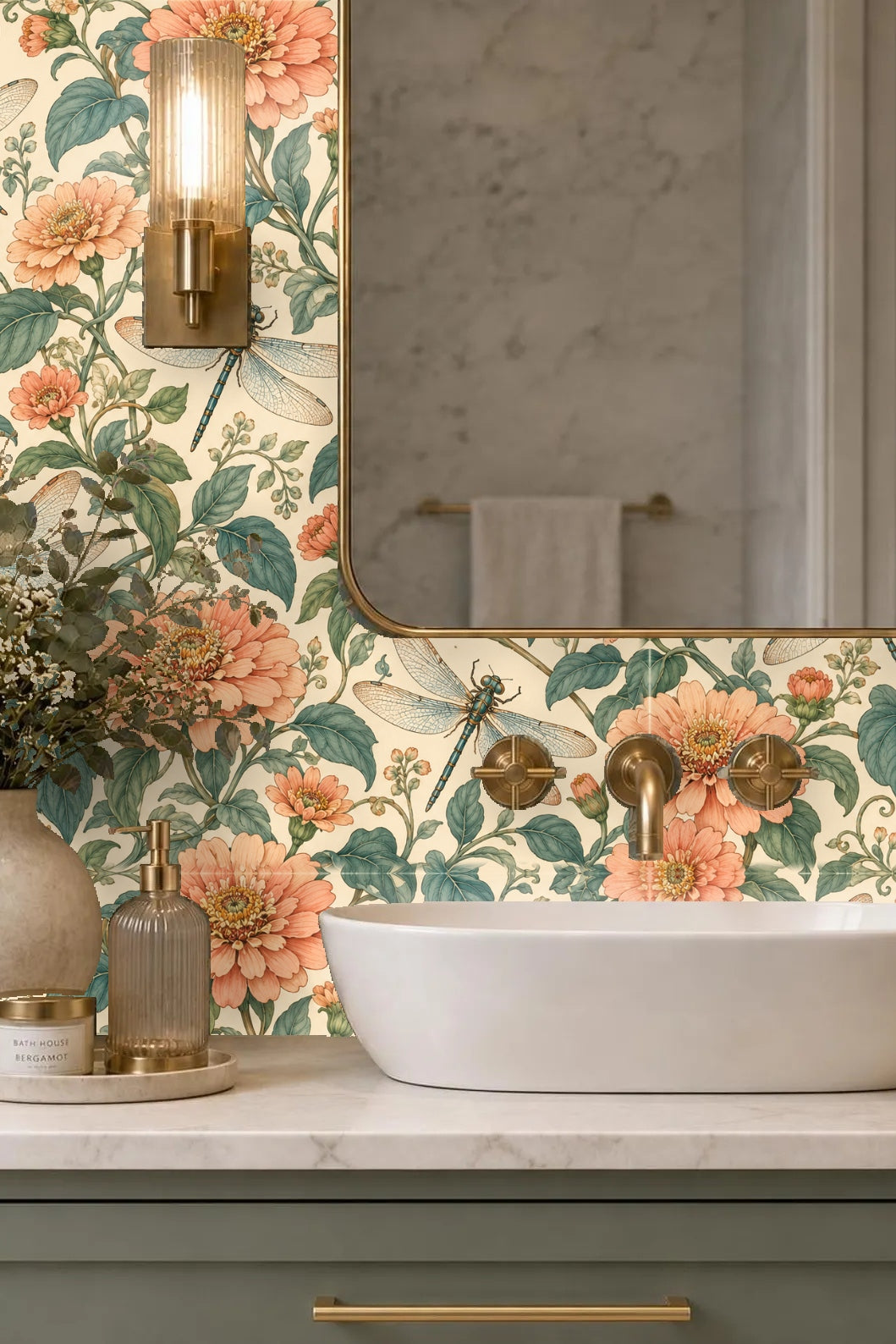 Peach Zinnia Dragonflies wallpaper shown in an interior setting