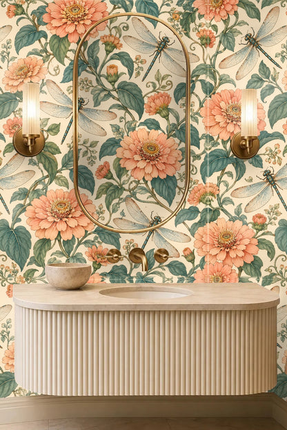 Peach Zinnia Dragonflies wallpaper shown in an interior setting