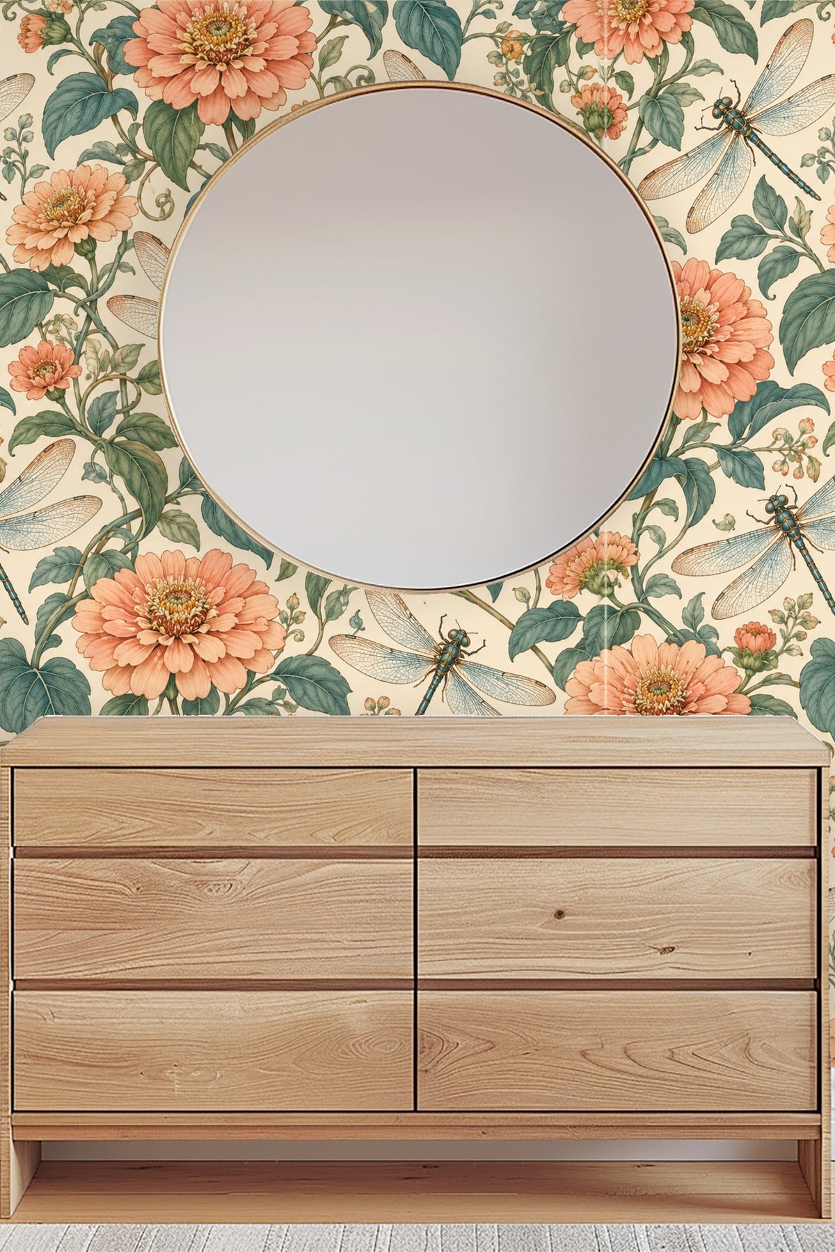 Peach Zinnia Dragonflies wallpaper shown in an interior setting