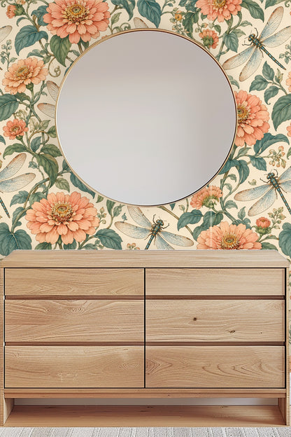 Peach Zinnia Dragonflies wallpaper shown in an interior setting