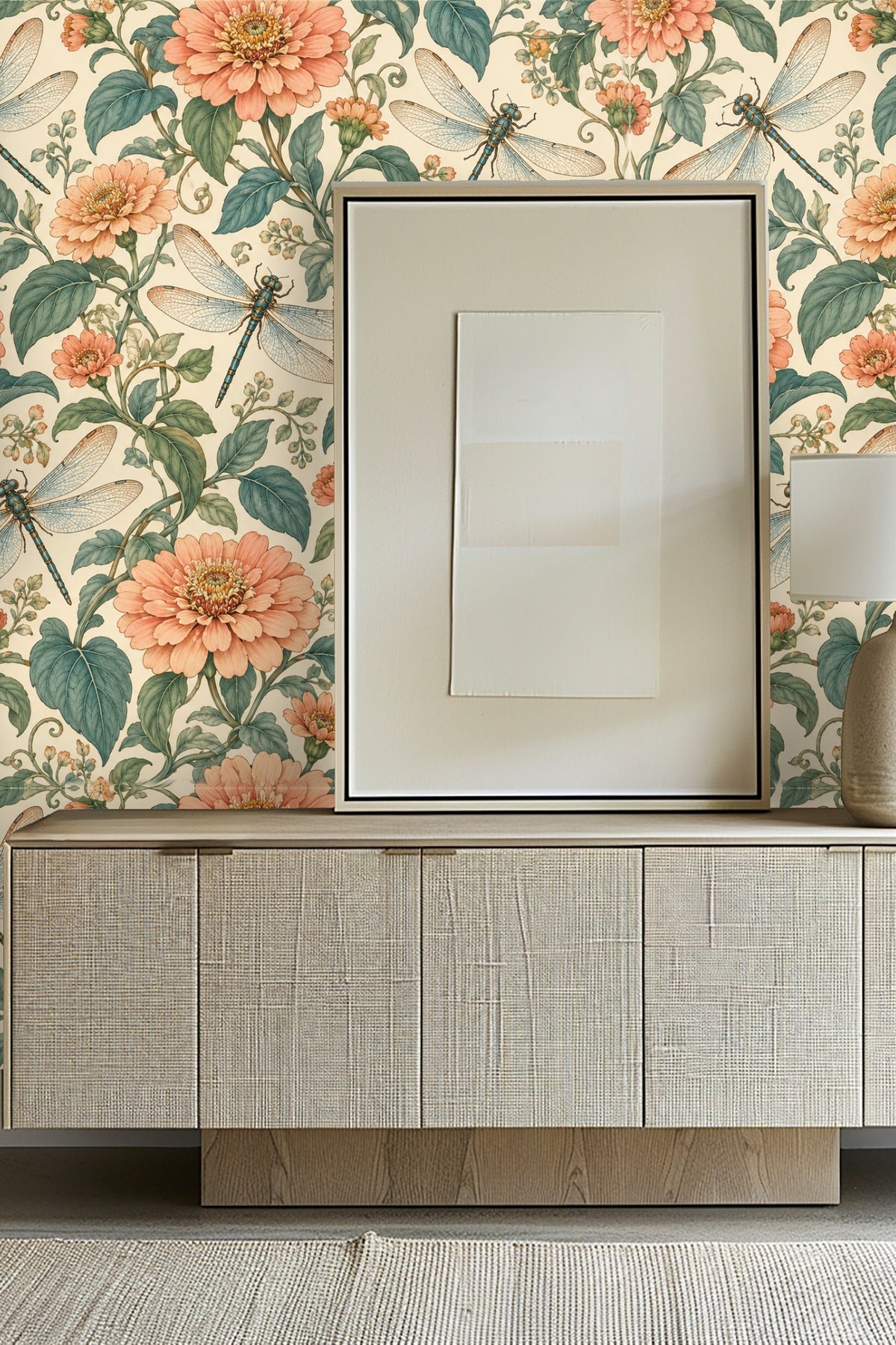 Close-up view of wallpaper in room with candle and small flowers in vases