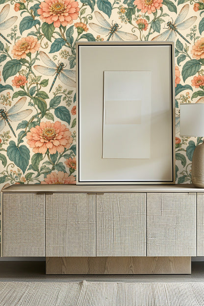 Close-up view of wallpaper in room with candle and small flowers in vases