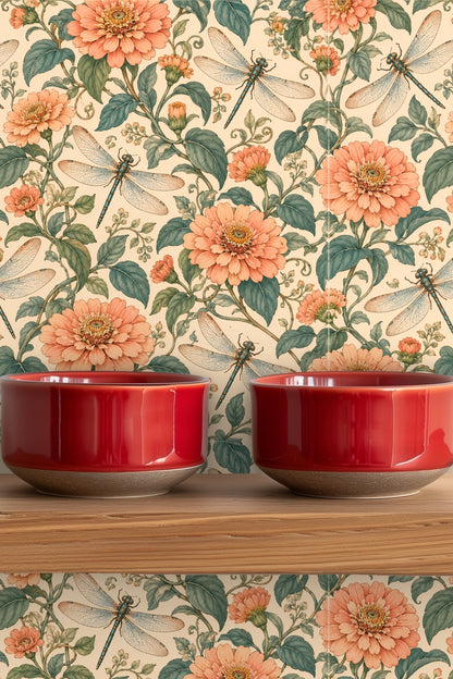Peach Zinnia Dragonflies wallpaper shown in an interior setting