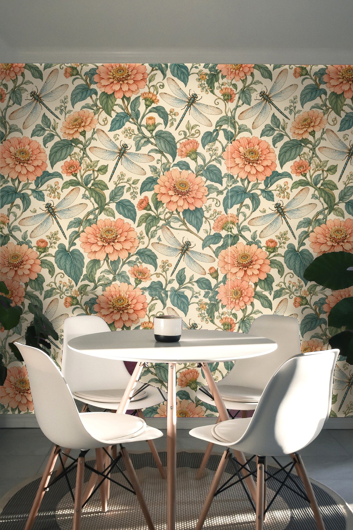 Peach Zinnia Dragonflies wallpaper shown in an interior setting