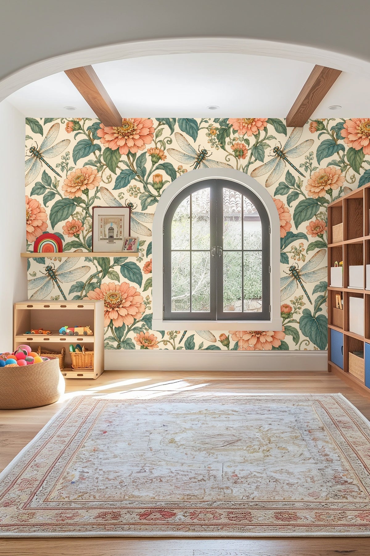 Peach Zinnia Dragonflies wallpaper shown in an interior setting